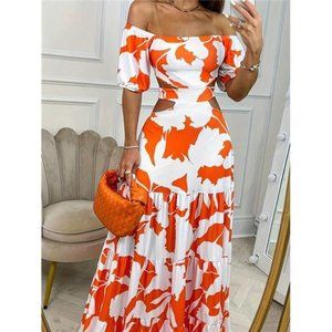 Graphic Print Off Shoulder Cut Out Waist Ruffle Hem Dress
-stained at the bottom